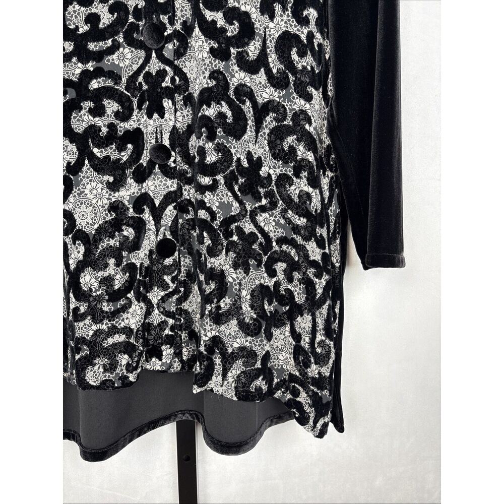 Chico's Travelers Black Velvet Swirl Button Up Blouse Women's L Artsy Sheer - Picture 5 of 13